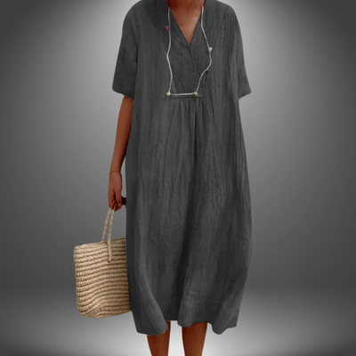Carola™ | Kleid aus Baumwolle und Leinen mit V-Ausschnitt