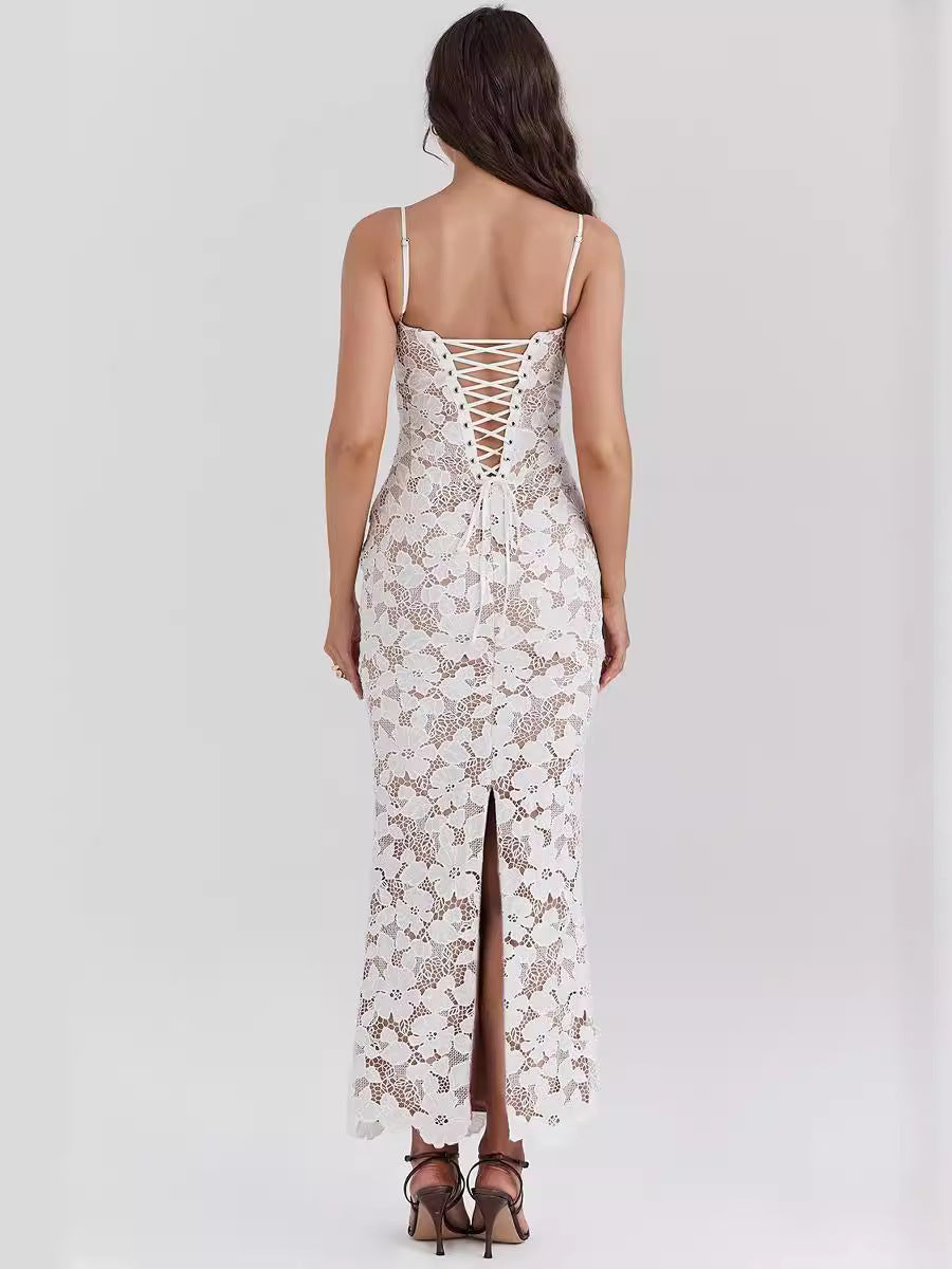 Pearl Blossom | Spitzen Maxi Kleid mit Schnürung & Blumenmuster