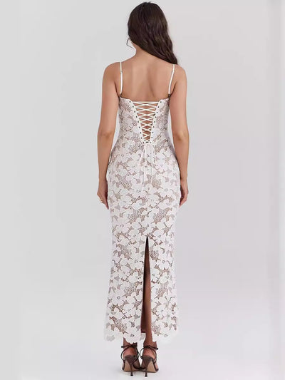 Pearl Blossom | Spitzen Maxi Kleid mit Schnürung & Blumenmuster