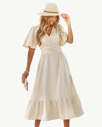 RENÉE™ | Langes Kleid mit V-Ausschnitt und kurzen Ärmeln