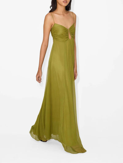 Eliane | Maxikleid mit Cut-Out & Spaghettiträgern in Olivgrün
