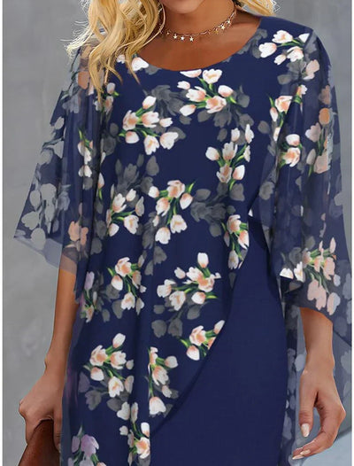 Kurzes Kleid mit Rundhalsausschnitt und blauer Druck