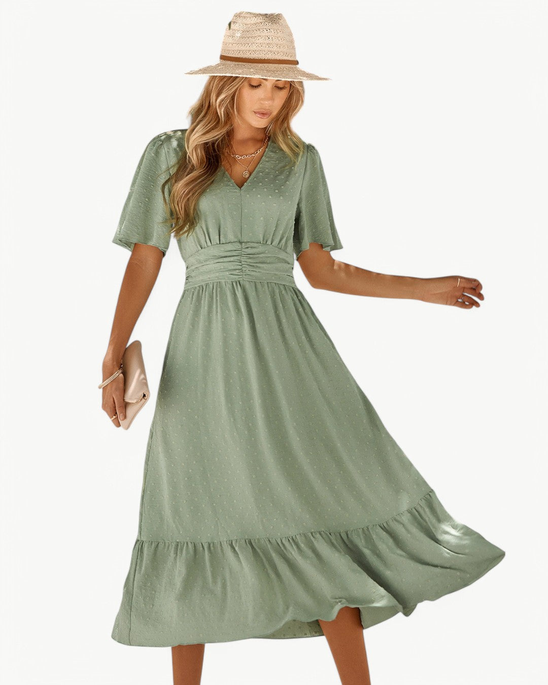 RENÉE™ | Langes Kleid mit V-Ausschnitt und kurzen Ärmeln