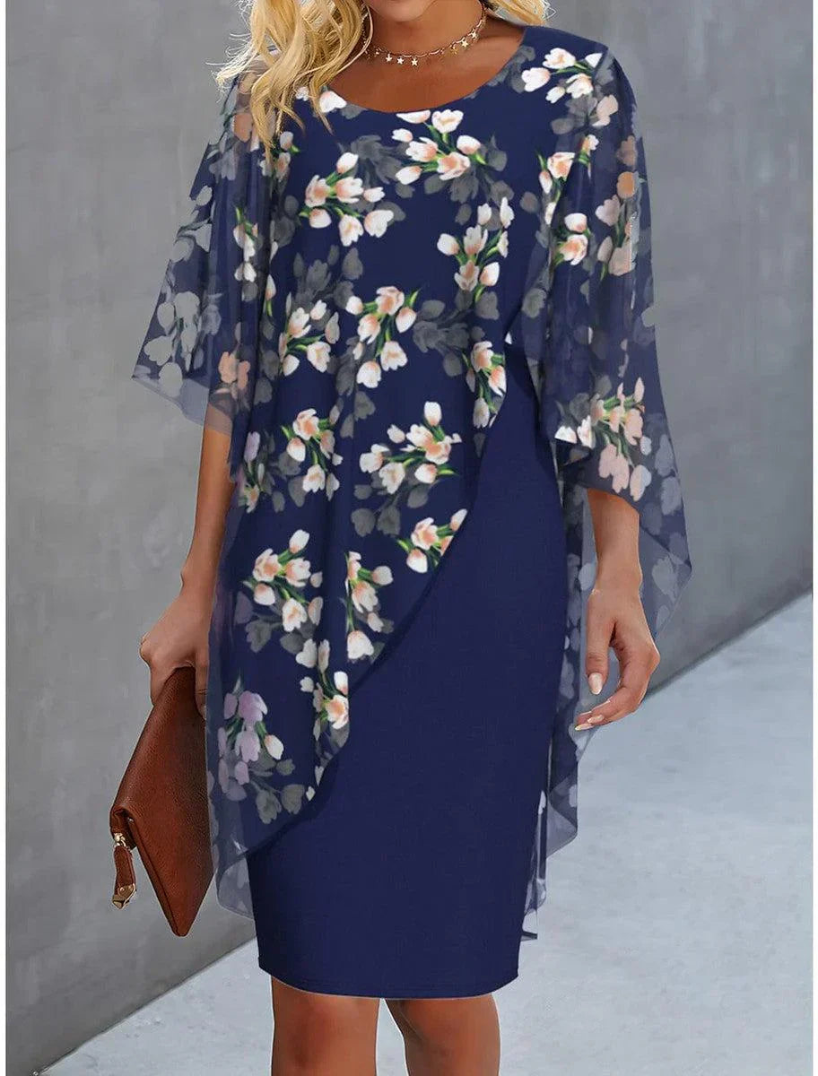 Kurzes Kleid mit Rundhalsausschnitt und blauer Druck
