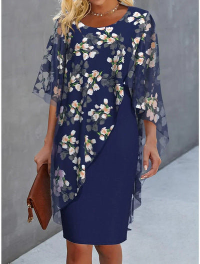 Kurzes Kleid mit Rundhalsausschnitt und blauer Druck