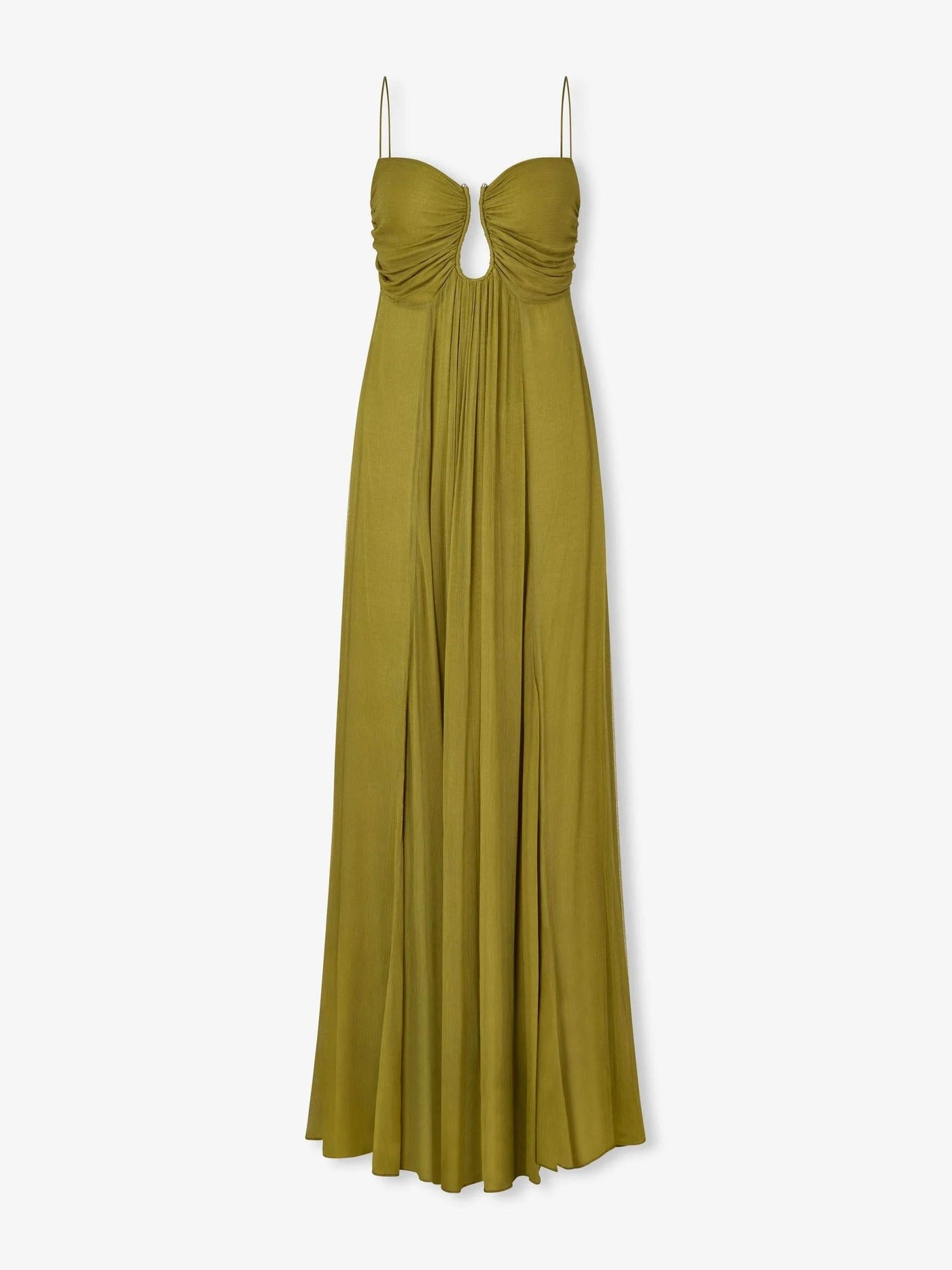 Eliane | Maxikleid mit Cut-Out & Spaghettiträgern in Olivgrün