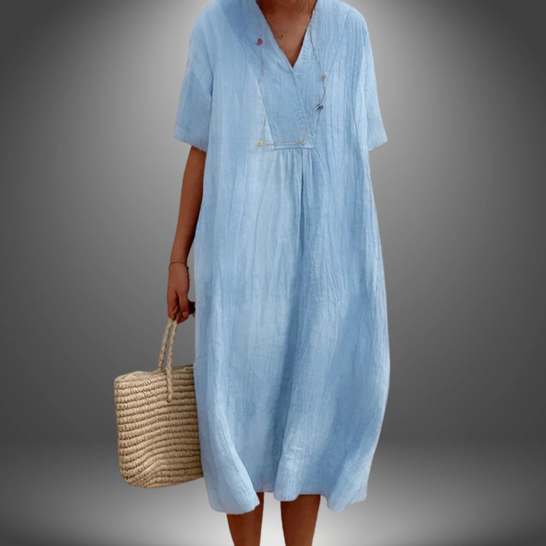 Carola™ | Kleid aus Baumwolle und Leinen mit V-Ausschnitt