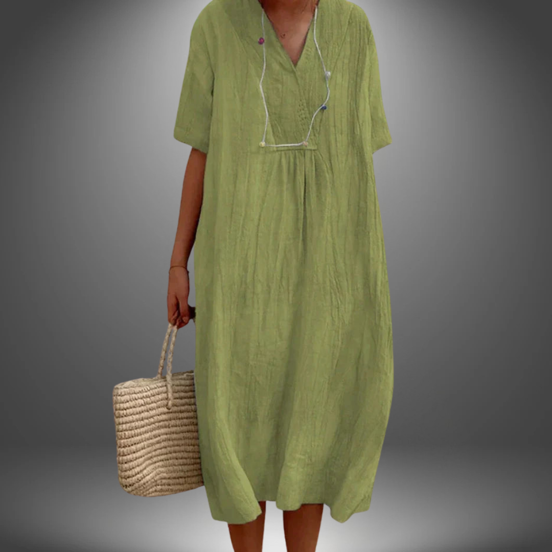 Carola™ | Kleid aus Baumwolle und Leinen mit V-Ausschnitt