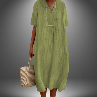 Carola™ | Kleid aus Baumwolle und Leinen mit V-Ausschnitt