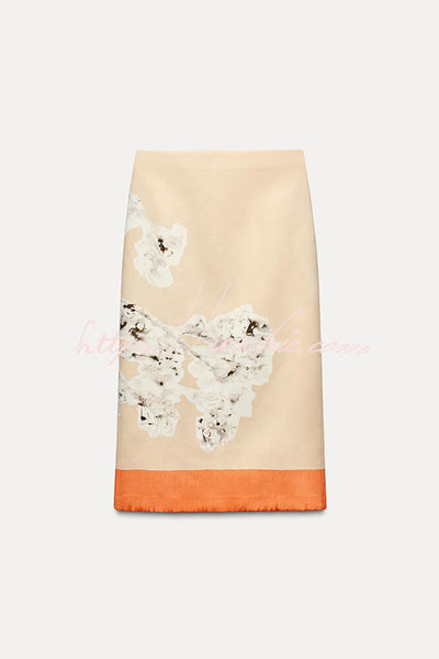 Kelly™ | Linen Blend Flower Print High Rise Pencil Slit Midi Skirt