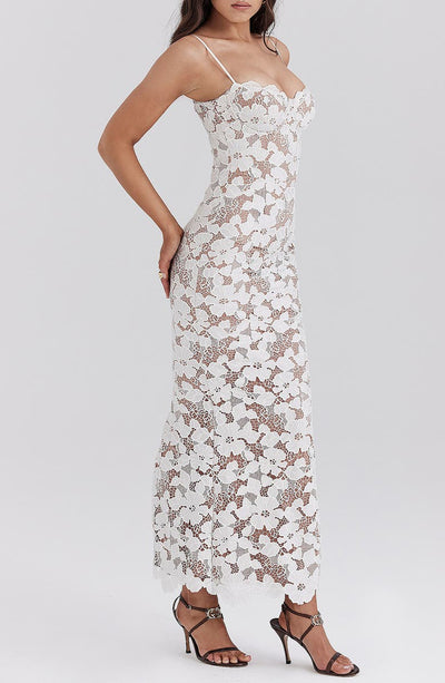 Pearl Blossom | Spitzen Maxi Kleid mit Schnürung & Blumenmuster