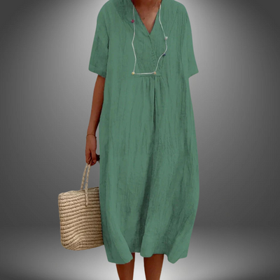 Carola™ | Kleid aus Baumwolle und Leinen mit V-Ausschnitt
