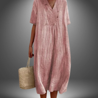 Carola™ | Kleid aus Baumwolle und Leinen mit V-Ausschnitt