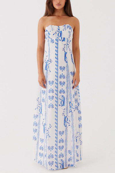 Freya™ | Leinenmischung Floral Wellenmuster Rüschenausschnitt Strapless Maxikleid