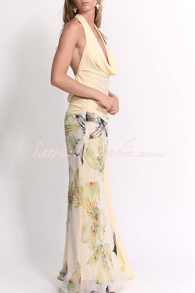 Iske™ | Wunderschönes Statement Cowl Neck Halter Top und florale Rüschentaille Schlitz Maxikleid-Set