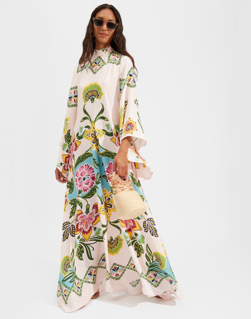 Florielle | Maxikleid mit Künstlerischem Blumenmuster & Weiten Ärmeln