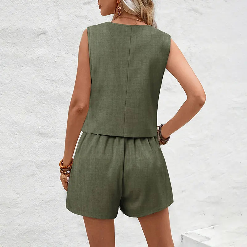 Venina | Ärmelloses Gilet-Set mit Shorts im Leinen-Look