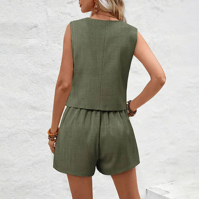 Venina | Ärmelloses Gilet-Set mit Shorts im Leinen-Look