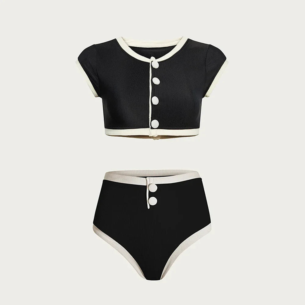 Virella | Eleganter Hochtaillierter Bikini mit Knöpfen und Cropped Top