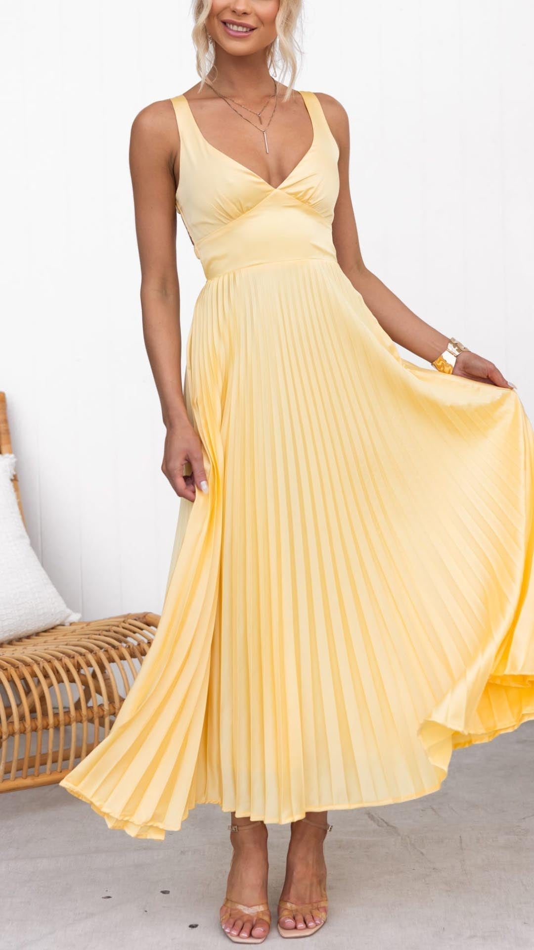 Aby™ | Maxikleid Gelb Plissiert mit V-Ausschnitt