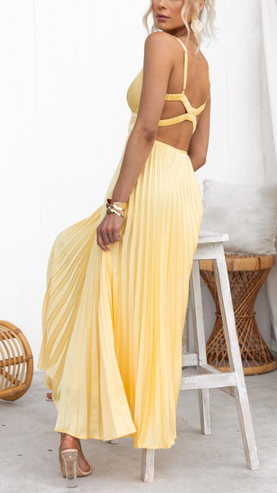 Aby™ | Maxikleid Gelb Plissiert mit V-Ausschnitt