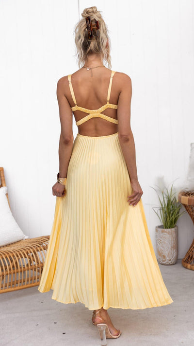 Aby™ | Maxikleid Gelb Plissiert mit V-Ausschnitt