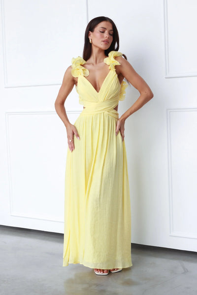 Marélie | Gele Maxi-Jurk mit Rüschen & Offenem Rückendetail