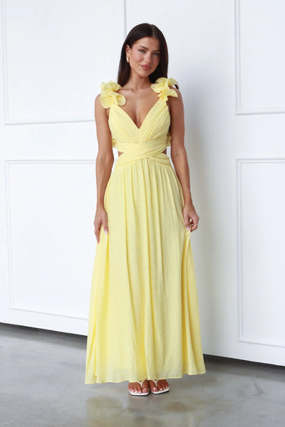 Marélie | Gele Maxi-Jurk mit Rüschen & Offenem Rückendetail