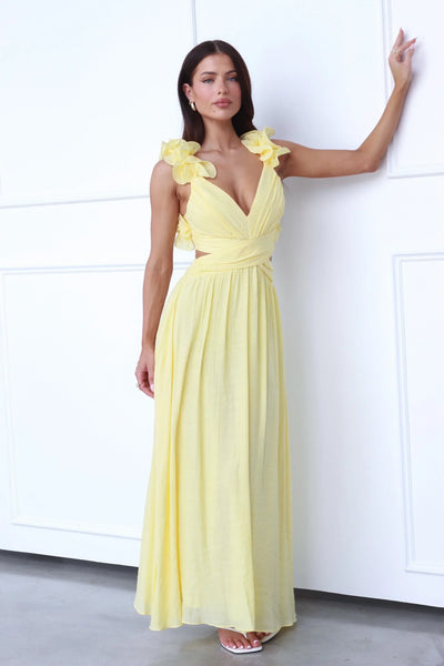 Marélie | Gele Maxi-Jurk mit Rüschen & Offenem Rückendetail