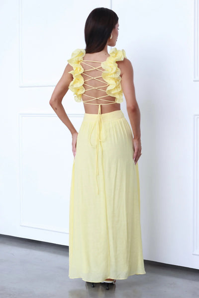 Marélie | Gele Maxi-Jurk mit Rüschen & Offenem Rückendetail