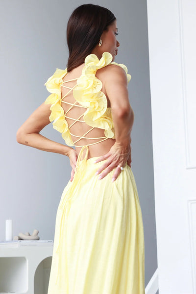 Marélie | Gele Maxi-Jurk mit Rüschen & Offenem Rückendetail