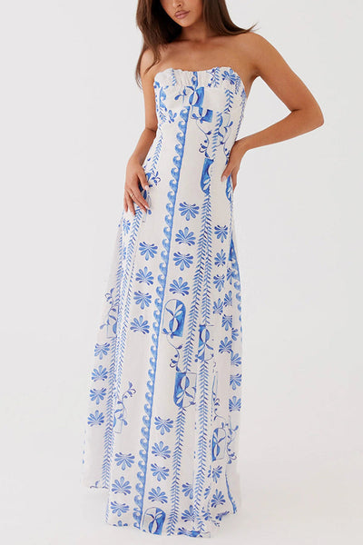 Freya™ | Leinenmischung Floral Wellenmuster Rüschenausschnitt Strapless Maxikleid