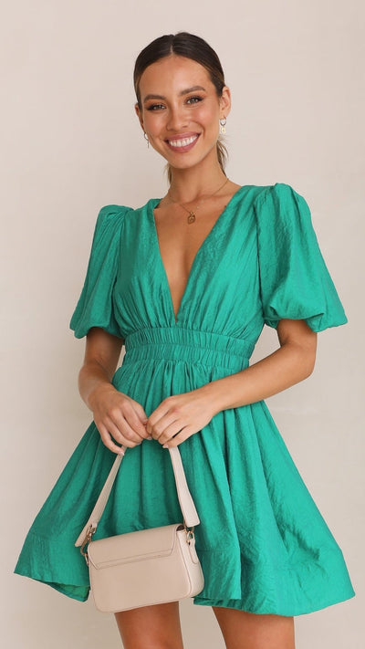 Milina | Kurzes Sommerkleid mit Puffärmeln & Tiefem V-Ausschnitt