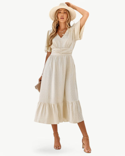 RENÉE™ | Langes Kleid mit V-Ausschnitt und kurzen Ärmeln