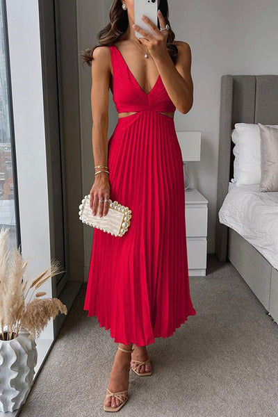 Elvanya | Plissé Maxi Kleid mit Cut-Outs und V-Ausschnitt