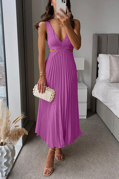 Elvanya | Plissé Maxi Kleid mit Cut-Outs und V-Ausschnitt