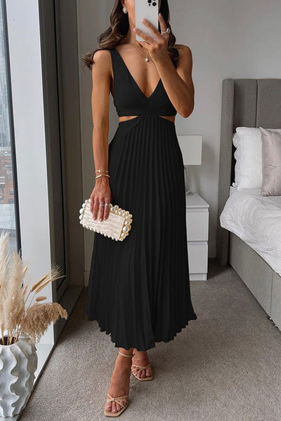 Elvanya | Plissé Maxi Kleid mit Cut-Outs und V-Ausschnitt
