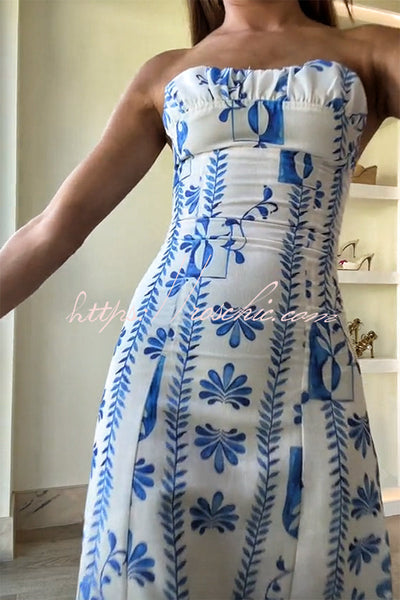 Freya™ | Leinenmischung Floral Wellenmuster Rüschenausschnitt Strapless Maxikleid