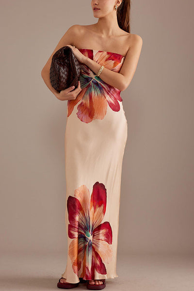 Laura™ | Charmantes Damen Satin Floral Print Bandeau Weit Maxi Kleid