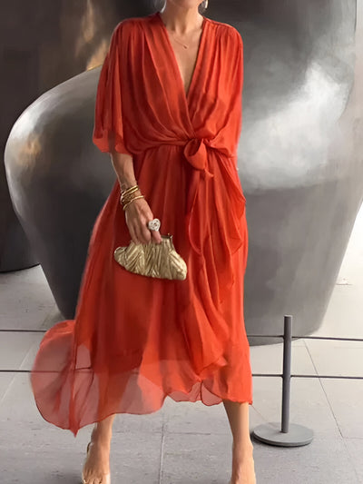Valenora | Elegantes Wickelkleid mit Schwungvollen Ärmeln & Taillengürtel