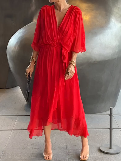 Valenora | Elegantes Wickelkleid mit Schwungvollen Ärmeln & Taillengürtel