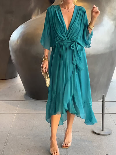 Valenora | Elegantes Wickelkleid mit Schwungvollen Ärmeln & Taillengürtel