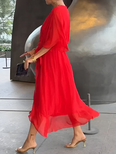 Valenora | Elegantes Wickelkleid mit Schwungvollen Ärmeln & Taillengürtel